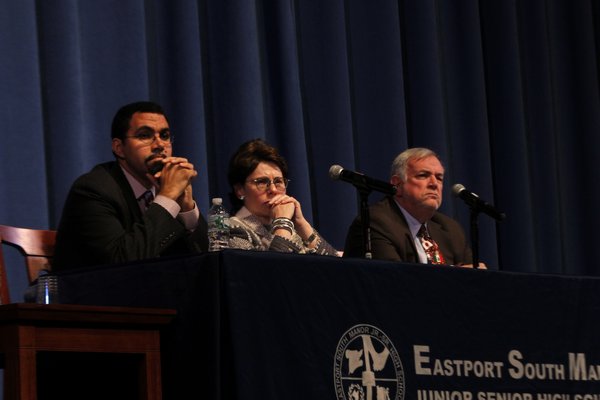 New York State Education Commissioner Dr. John King, Chancellor of the Board of Regents Merryl Tisch, and Regents Board Member Roger Tilles during a forum in Manorville on Tuesday. BY CAROL MORAN