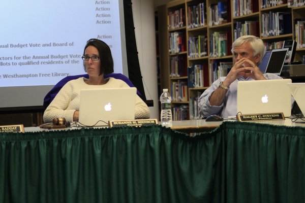 Westhampton Beach Board of Education President Suzanne Mensch, left, and vice president Halsey Stevens during Monday night's meeting. KYLE CAMPBELL