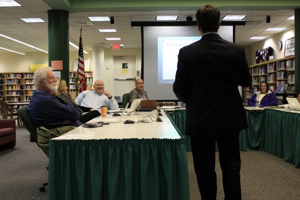 Westhampton Beach High School Principal Chris Herr makes a budget pitch to the board of education during its meeting on Monday night. KYLE CAMPBELL