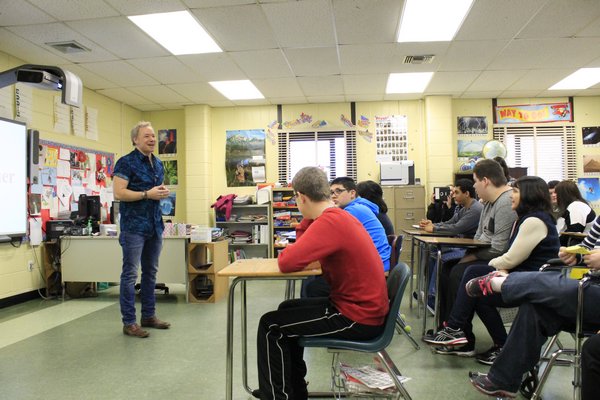 Acclaimed children's musician Brady Rymer visited the student newspaper class at the Eastern Suffolk BOCES Westhampton Beach Learning Center on Monday morning. KYLE CAMPBELL