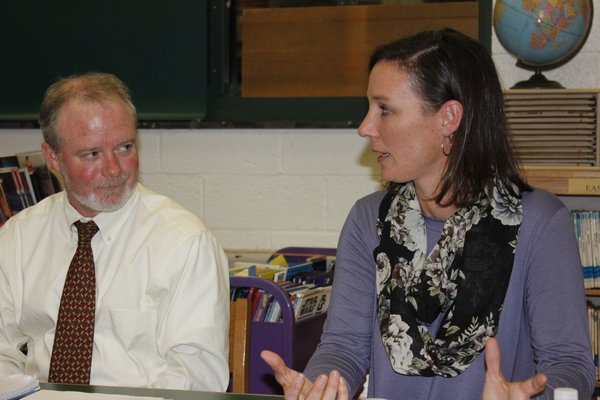 Superintendent Robert Long and board member Diana Gobler discuss the bond vote, tentatively scheduled for March 21, 2018. VALERIE GORDON
