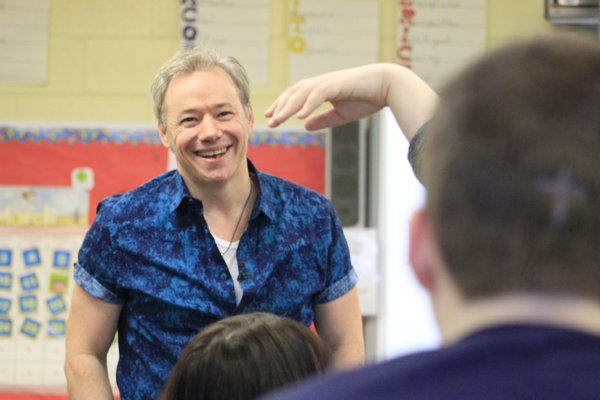 Acclaimed children's musician Brady Rymer took questions from students in the student newspaper class at the Eastern Suffolk BOCES Westhampton Beach Learning Center on Monday morning. KYLE CAMPBELL