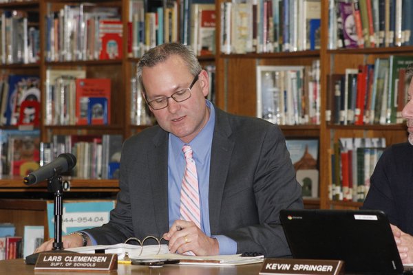 Superintendent Lars Clemensen at the Board of Education Meeting on Tuesday. VALERIE GORDON