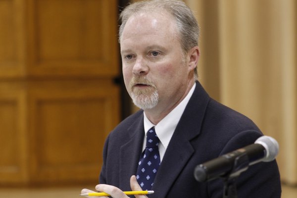 East Quogue Elementary School principal Rob Long speaks during Wednesday night's Board of Education meeting. KYLE CAMPBELL