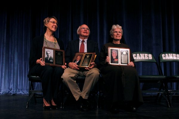 From left, Bernadette Aldcroft, who appeared on behalf of her father, Edwin Cartoski, an inductee in the Westhampton Beach School District Wall of Fame, John Bandrowski, who accepted the award for Robert Resling, also an inductee, and Sister Judith Zoebelein, the third inductee. BY CAROL MORAN