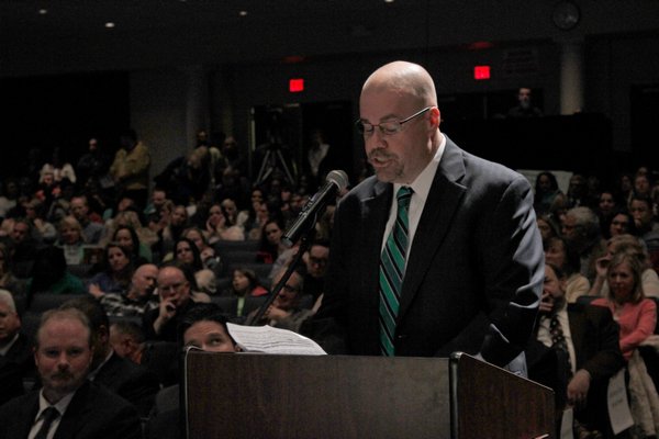 Westhampton Beach Superintendent Michael Radday speaks during the forum held by New York State Education Commissioner Dr. John King on Tuesday, November 26. BY CAROL MORAN