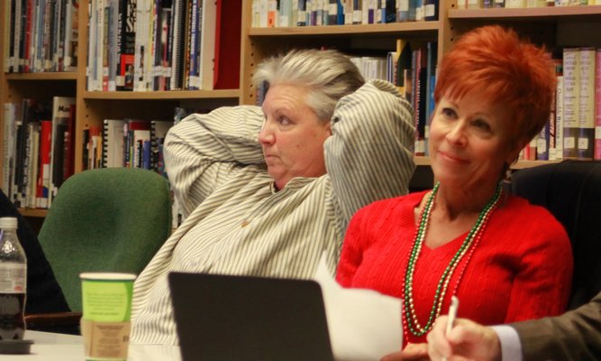 Recently appointed Westhampton Beach Board of Education member Joyce Donneson, left, and Westhampton Beach School District Clerk Judy McCarthy during Monday's board meeting. KYLE CAMPBELL