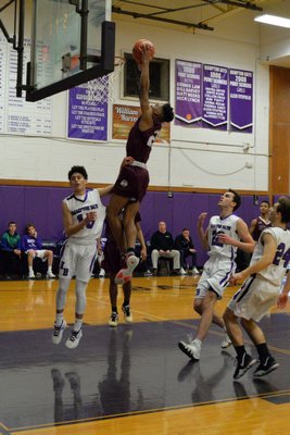 Southampton senior Marquise Trent dunked on two separate occasions in Hampton Bays on Thursday, January 24. MICHELLE MALONE