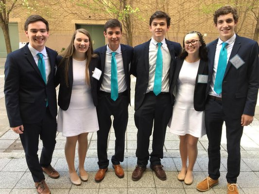 Westhampton Beach High School students Ben Horton, Catherine Penn, Jack Ryan, Nick LaMura, Faith Recchion, and Reid Rubio won first place in a national business competition earlier this month. COURTESY AMY DEMCHAK