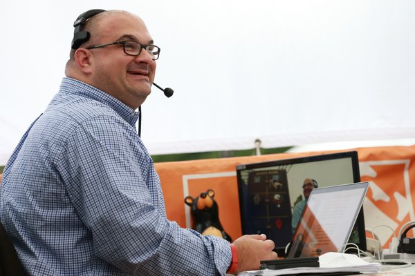 Westhampton Beach High School graduate Chris "The Bear" Fallica on the set of ESPN's College GameDay, where he has worked for years as a researcher and statistical analyst. ESPN IMAGES