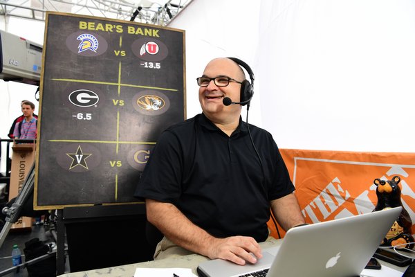 Westhampton Beach High School graduate Chris "The Bear" Fallica on the set of ESPN's College GameDay, where he has worked for years as a researcher and statistical analyst. ESPN IMAGES