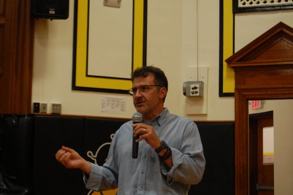 Architect John Grillo speaking to the public at the Bridgehampton School expansion forum JON WINKLER