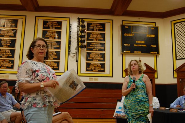 Pamela Harwood, left, and Joyce Weinberg speaking at the Bridgehampton School expansion forum. JON WINKLER