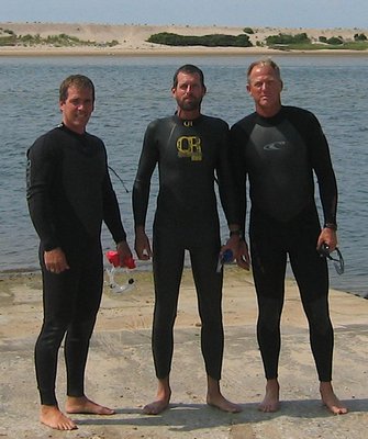 From left, Rich Brierley, Mike Bottini, and Bill O'Donnell after an open water swim around Hicks Island off Napeague. COURTESY RACHEL CRUZEN