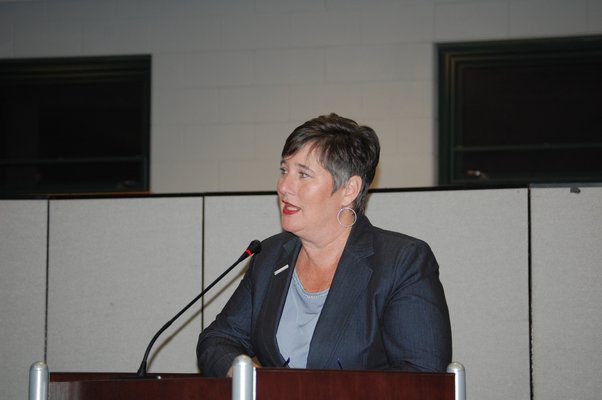 Leah Arnold, director of the Eastern Long Island Academy of Applied Technology, speaking at a Southampton School Board meeting. JON WINKLER