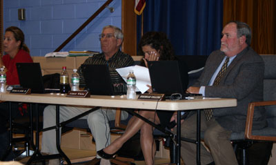 The Remsenburg/Speonk Elementary School Board of Education fielded questions from the audience on the proposed building expansion project on Monday night. JESSICA DINAPOLI