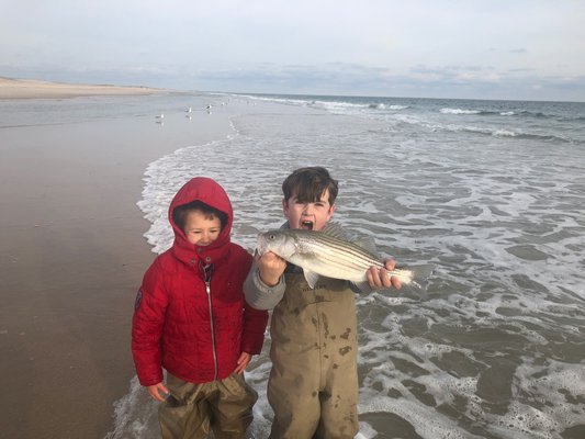 Small striped bass and small anglers were one the beach in Hampton Bays last week. Alex Wegman and Mikey Dean had a blast with the schoolies on the Hampton Bays beaches last week.  Michael Dean Michael Dean