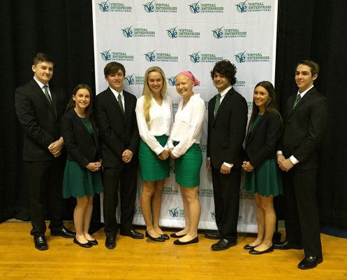 Westhampton Beach High School students Nick Leotta, Julia Lewis, Justin Smith, Skyler Trager, Sydney Crawford, Alex Kravitz, Ellie Cord and Connor Glynn were finalists in a national business competition earlier this month. COURTESY AMY DEMCHAK