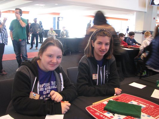 Holly Anderson and Alison Pensa during round five of the Scrabble tornument. HAMPTON BAYS MIDDLE SCHOOL SCRABBLE CLUB