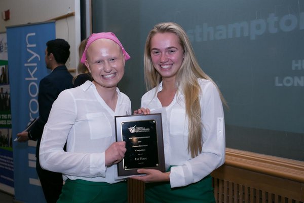 Westhampton Beach High School students Sydney Crawford and Skyler Trager won first place in a national business competition earlier this month. COURTESY AMY DEMCHAK