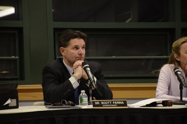 Dr. Scott Farina at the last Southampton Board of Education meeting on Tuesday, April 5. GREG WEHNER