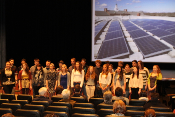 Westhampton Beach juniors Bobby Rice, Dan Grindle and senior Subi Chockalingam performed "Give Us Peace" composed by Michael Praetorius at the Solar Energy Project Ribbon Cutting Ceremony.  LOREN CHRISTIE