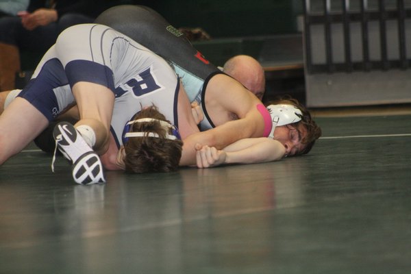 Westhampton Beach's Jay Montagna pinned Ben Lindberg of Rocky Point in less than two minutes at 126 pounds, and also went 3-0 at the Cory Hubbard Duals. CAILIN RILEY
