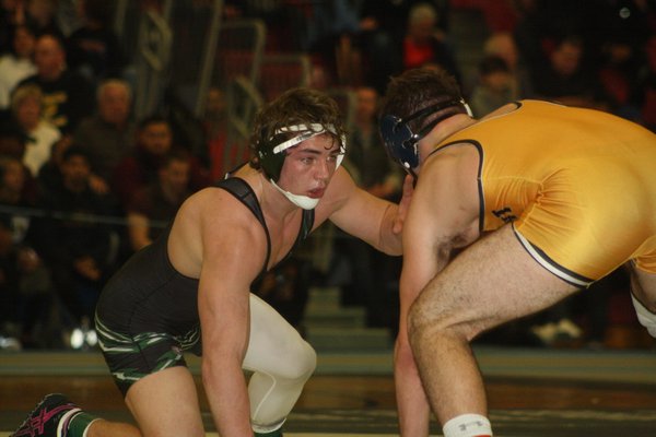 Westhampton Beach senior Liam McIntyre (195 pounds) won his second straight county title on Sunday night. His teammate, sophomore Jackson Hulse, also won a county crown, marking the first time in program history that the Hurricanes have had two county champs in one season. CAILIN RILEY