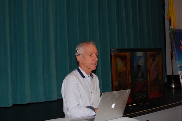 Artist Charles Wildbank speaking in front of students at Our Lady of the Hamptons Regional Catholic School. JON WINKLER