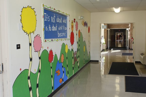 The mural in Westhampton Beach Elementary School that Westhampton Beach High School juniors Cayla Kuey and Natalie Gosnell painted. KATE RIGA. KATE RIGA