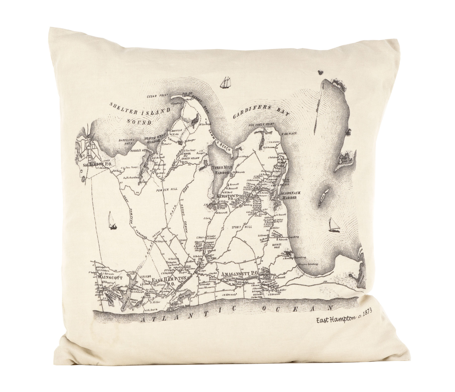 East Hampton map pillow by Ox Bow Decor. COURTESY LAURIE GROSSMAN