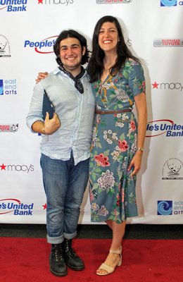 Frankie Bademci of East Hampton, winner of best supporting male in a musical with presenter Corey Jane Cardoso. TOM KOCHIE