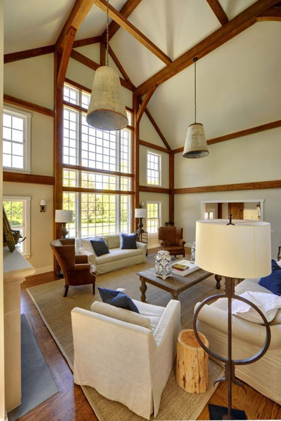 The great room of a Yankee Barn Home at 53 Toilsome Lane in East Hampton. COURTESY YANKEE BARN HOME