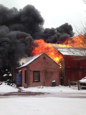 What was arguably the oldest standing barn in Southampton Village, located at 88 North Main Street, was destryoed in a fire on February 13.  COURTESAY SOUTHAMPTON FIRE DEPARTMENT