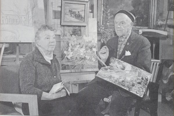 Marussia and David Burliuk in his studio, circa 1960. HAMPTON BAYS HISTORICAL SOCIETY