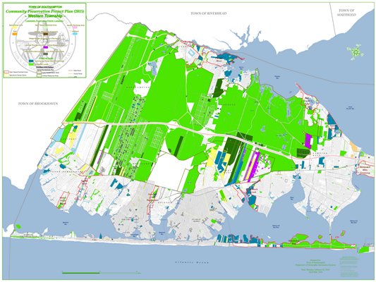 The Community Preservation Fund has supplemented various other efforts to preserve land on the South Fork. Here, Southampton Town notes protected lands in green and CPF purchases in blue. SOUTHAMPTON TOWN