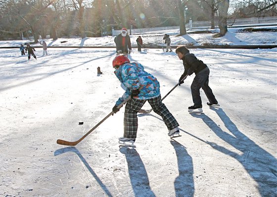 January 30: Skaters, taking advantage of the recent cold snap, organized a pickup hockey game on Town Pond.