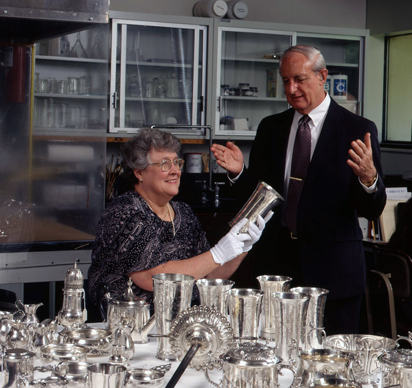 Charles F. Hummel revealing the secrets of American antique silver authentication. COURTESY WINTERTHUR MUSEUM, GARDEN & LIBRARY