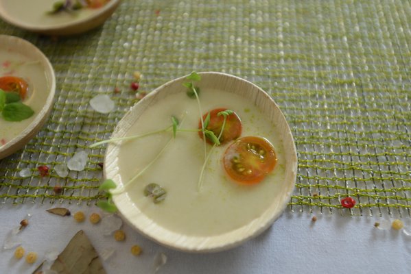 Pikes Farm Corn Vichyssoise with Basil Marinated Sungold Tomatoes by Almond at the Chefs Dinner. ALEX GOETZFRIED