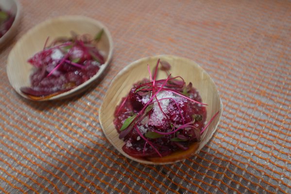 Chef Ty Kotz of Topping Rose House served Beet Risotto, Catapano Goat Cheese, with Roasted and Raw Beets at the Chefs Dinner. ALEX GOETZFRIED