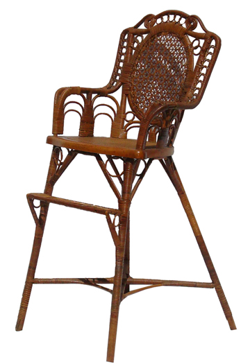 Wicker child's high chair, stamped Heywood Wakefield.  American, c. 1890.  This type of furniture was often used in photographer's studios for children's portraits, hence the fine condition.  Dealer:  The American Wing, Bridgehampton, NY