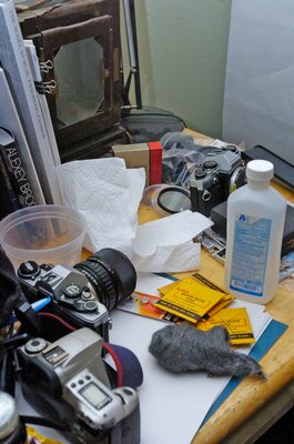 A collection of cameras adorn Jonathan  Morse's workspace.  DANA SHAW