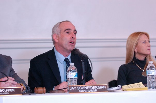 Southampton Town Supervisor Jay Schneiderman and councilwoman Christine Scalera at the Tuckahoe Center hearing on Tuesday.  DANA SHAW