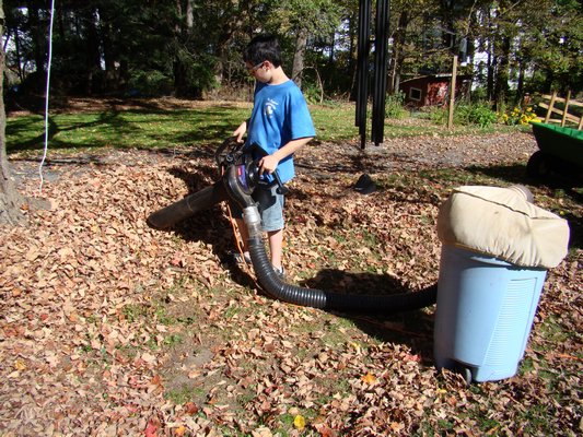 This electric blower/mulcher shreds leaves then moves them into a bag or drum reducing the volume in a ratio of about 20 to 1. The shredded leaves can then be added to the compost with green material like lawn clippings. The mix of leaves (carbon) and lawn clippings (nitrogen) will "cook" and become usable humus for next years garden.  ANDREW MESSINGER