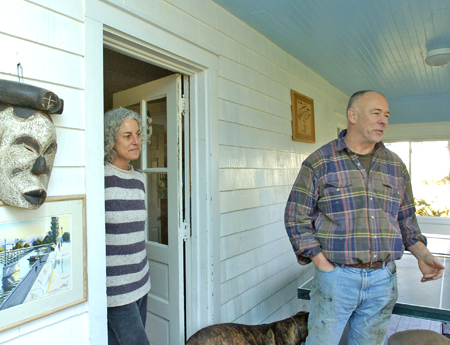Paton Miller on the porch of his Southampton farmhouse with his wife, Nancy. DANA SHAW