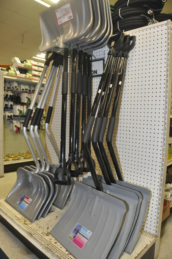 A selection of snow shovels.