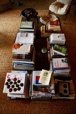 Edwina von Gal's coffee table, which is actually a Mexican wooden mennonite bed, is loaded with books. JD ALLEN