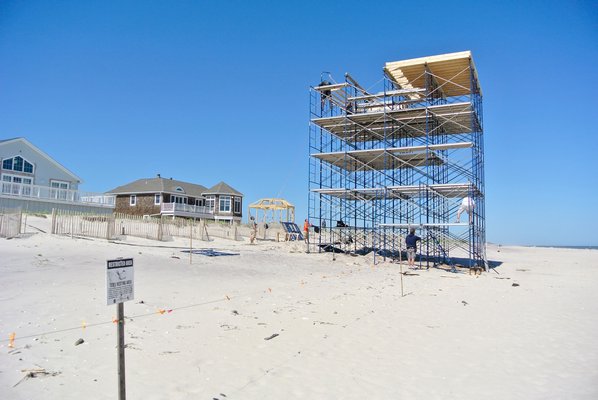 A scaffold for the film "The Other Woman has gone up on the beach in East Quogue between two nesting areas. DANA SHAW