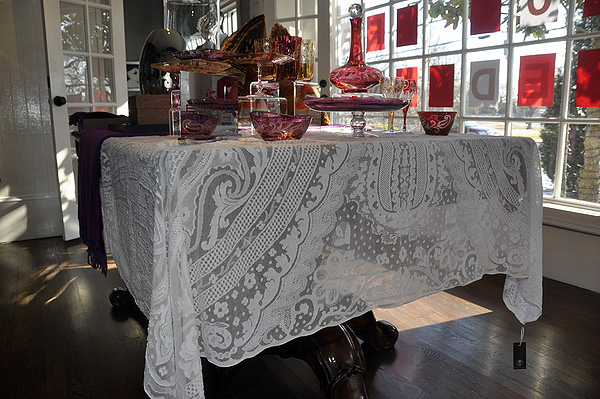 Paisley, a style of lace tablecloth from MYB Textiles seen here at Prince of Scots in Water Mill, was featured in the film "Lincoln," which is up for an Academy Award for production. MICHELLE TRAURING
