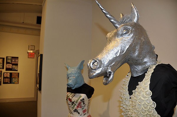 "Wrapped Up (dress)," front, and "See the World Through a Grain of Rice" by Geige Silver at Guild Hall in East Hampton. MICHELLE TRAURING